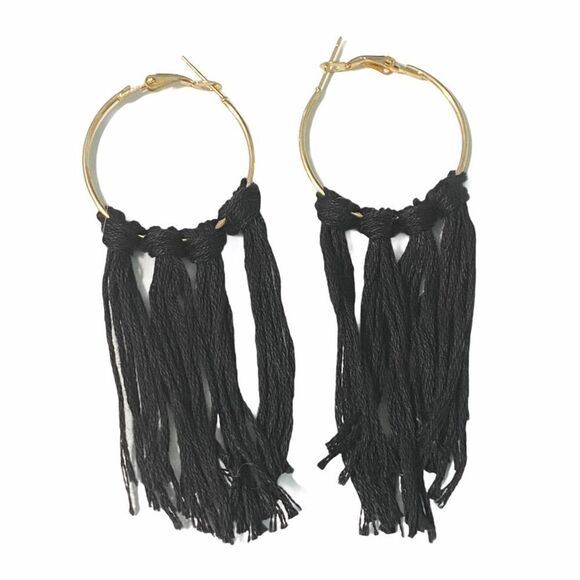 Bohemian Boho Fringe Tassel Hoop Earrings Black Tassels Statement Earrings Small - Picture 1 of 3